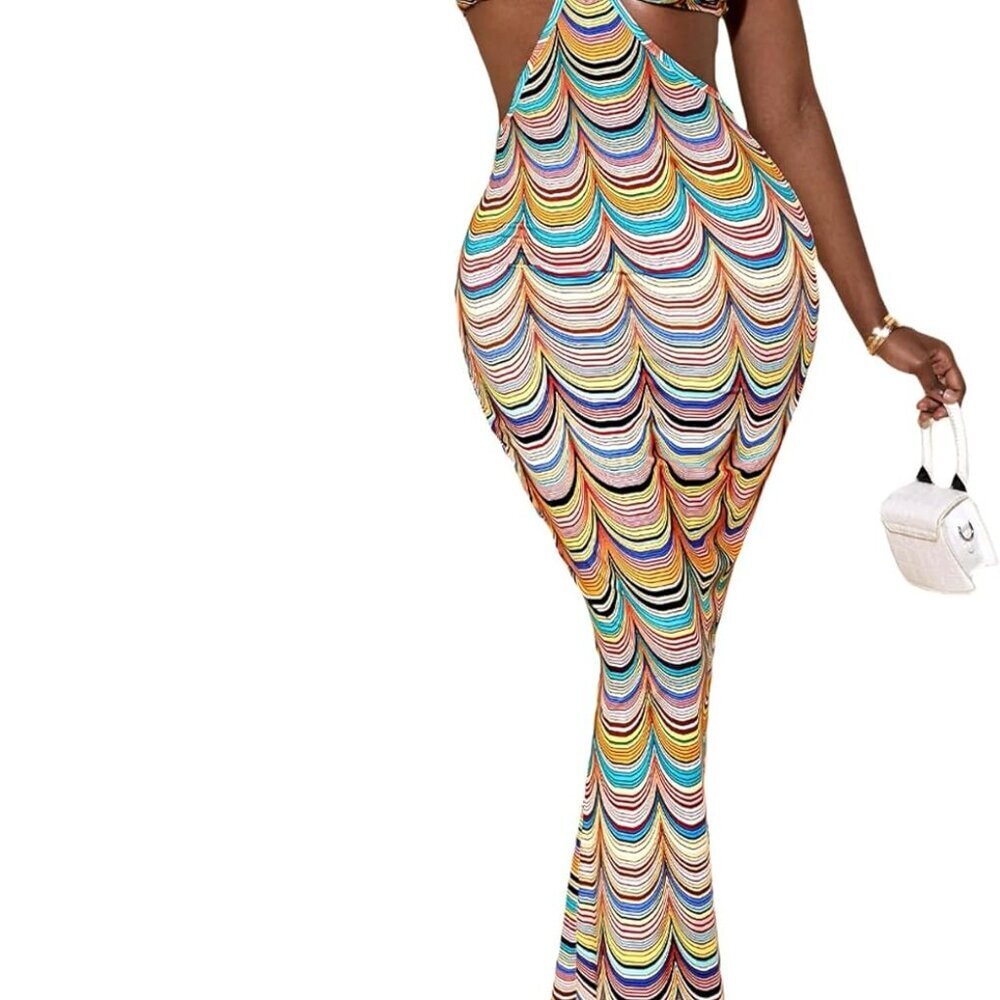 Women's Maxi Dress Polyester Elastane Allover Print Cut Out Spaghetti Strap - Picture 1 of 5